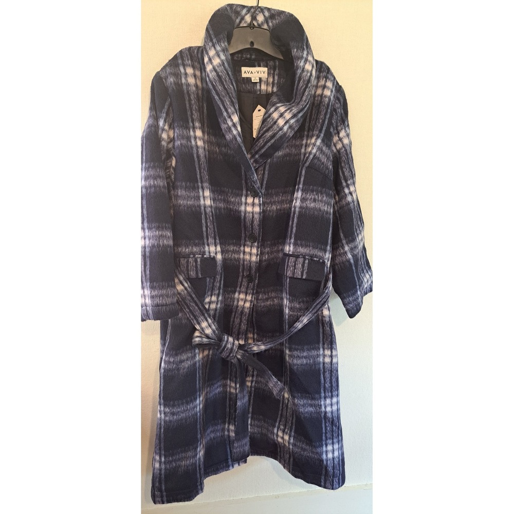 Ava & Viv Womens Jacket 2X Blue NWT Plaid Shawl Collar Belted Overcoat 1970-520
